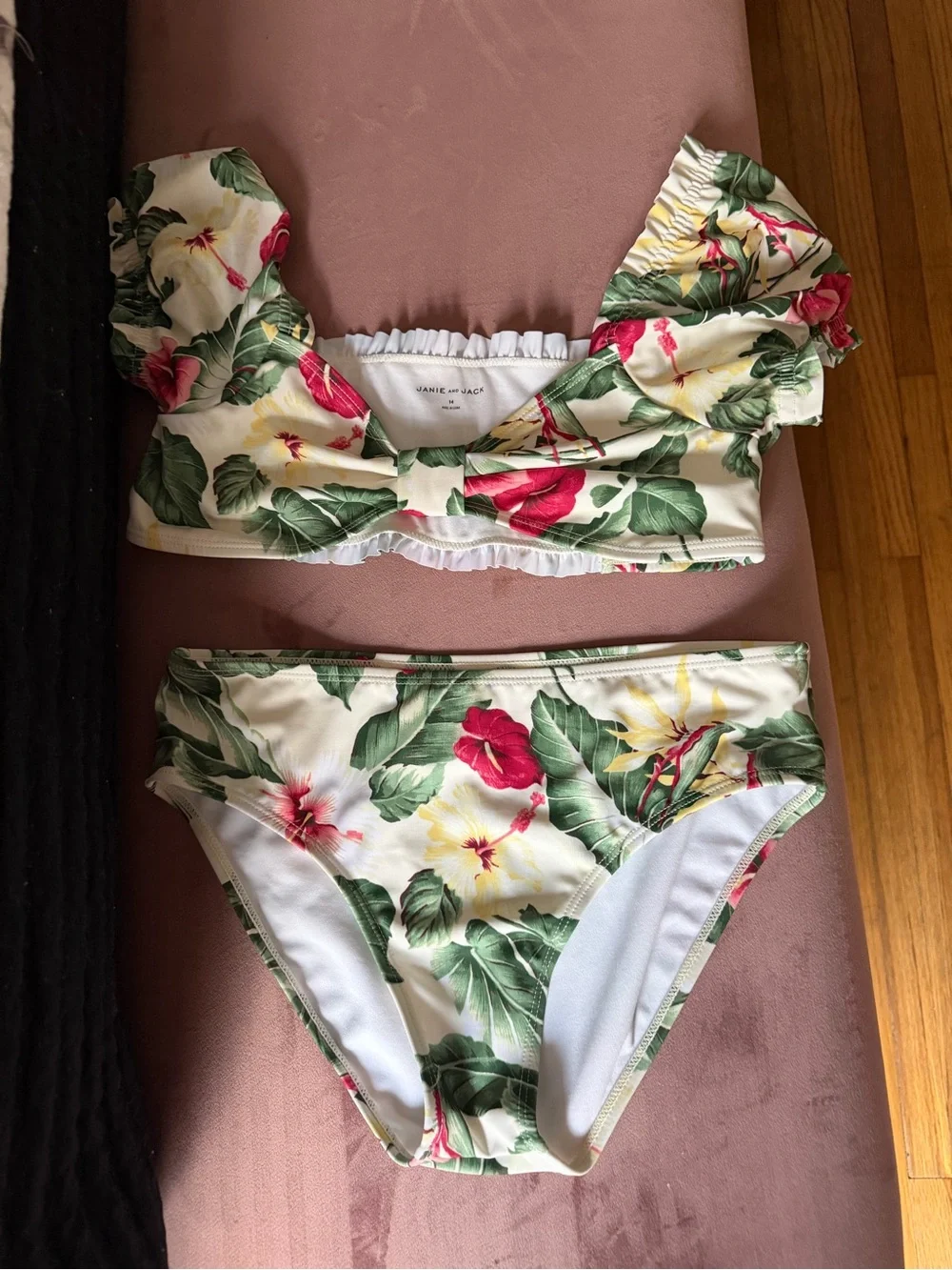 Janie and Jack Cream Floral Kids Bikini with Green and Pink Accents